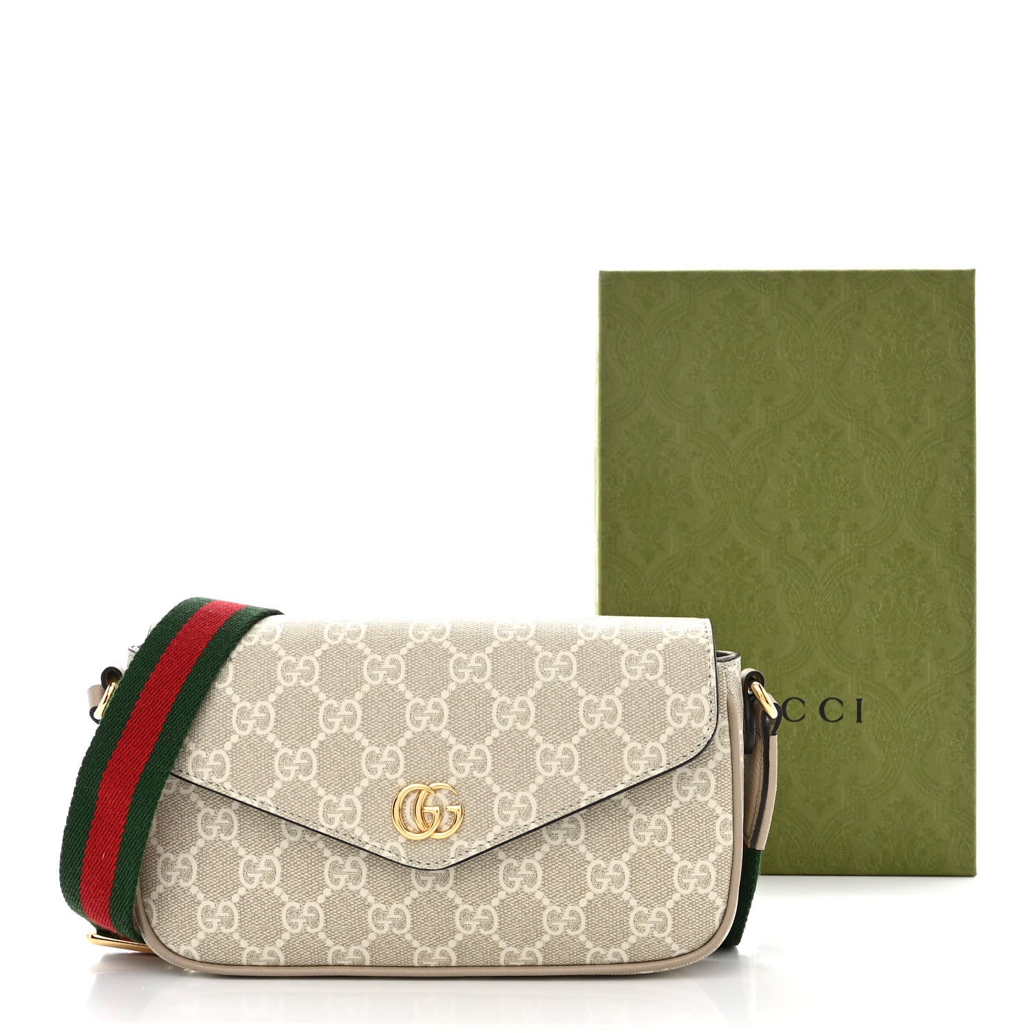 Gucci GG Supreme Monogram Textured Dollar Calfskin Web Mini Ophidia Envelope Shoulder Bag Beige Mystic White Oatmeal 11 of 11