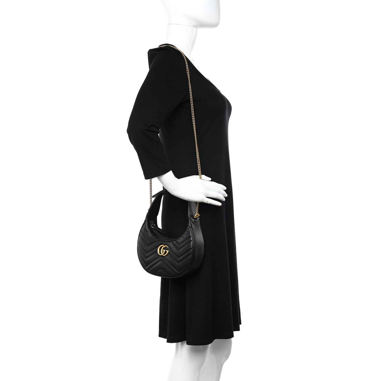 Calfskin Matelasse Chevron Mini GG Marmont Half Moon Hobo Black
