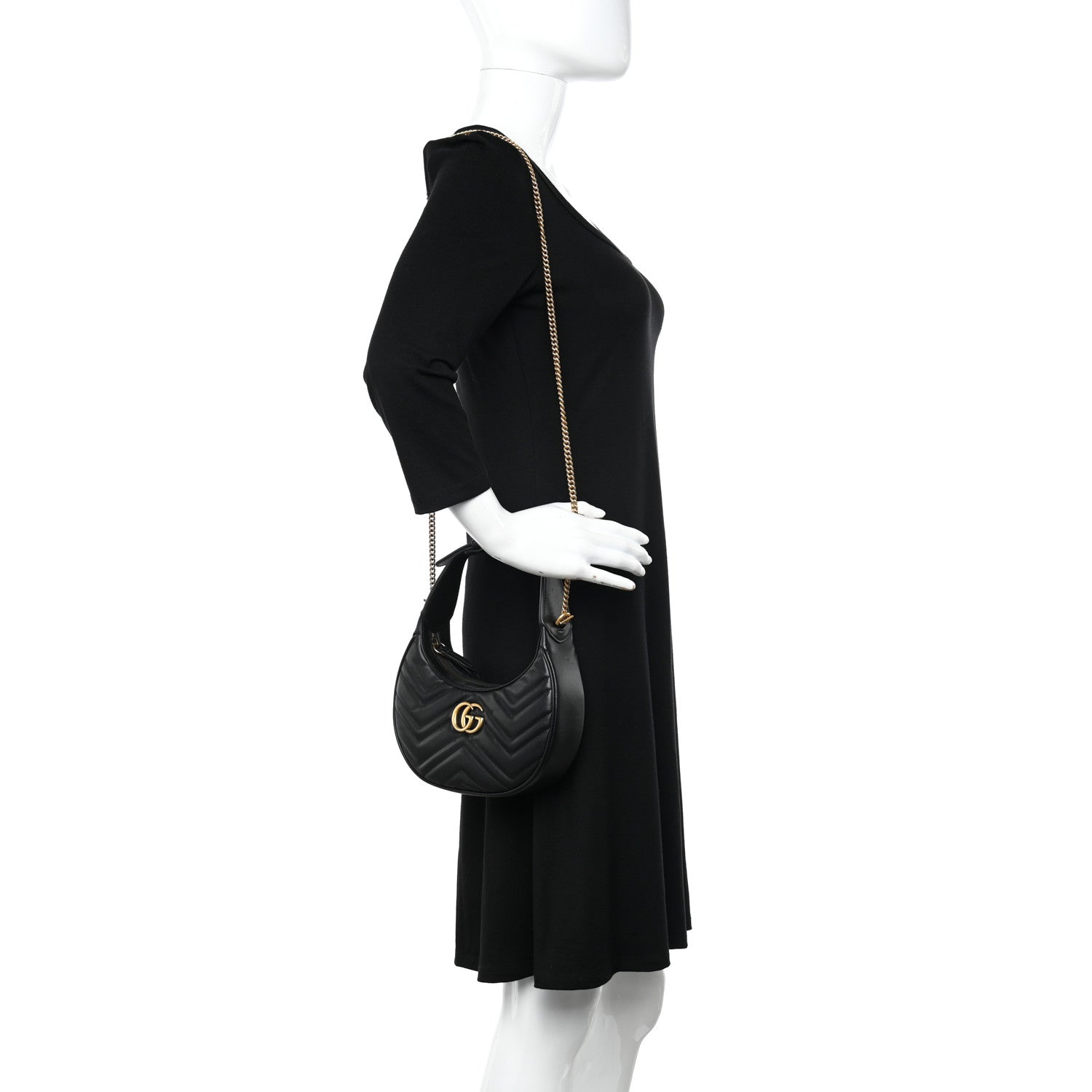 Gucci Calfskin Matelasse Chevron Mini GG Marmont Half Moon Hobo Black 2 of 11