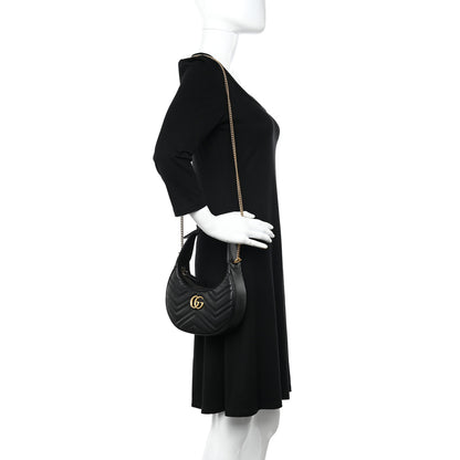 Gucci Calfskin Matelasse Chevron Mini GG Marmont Half Moon Hobo Black 2 of 11