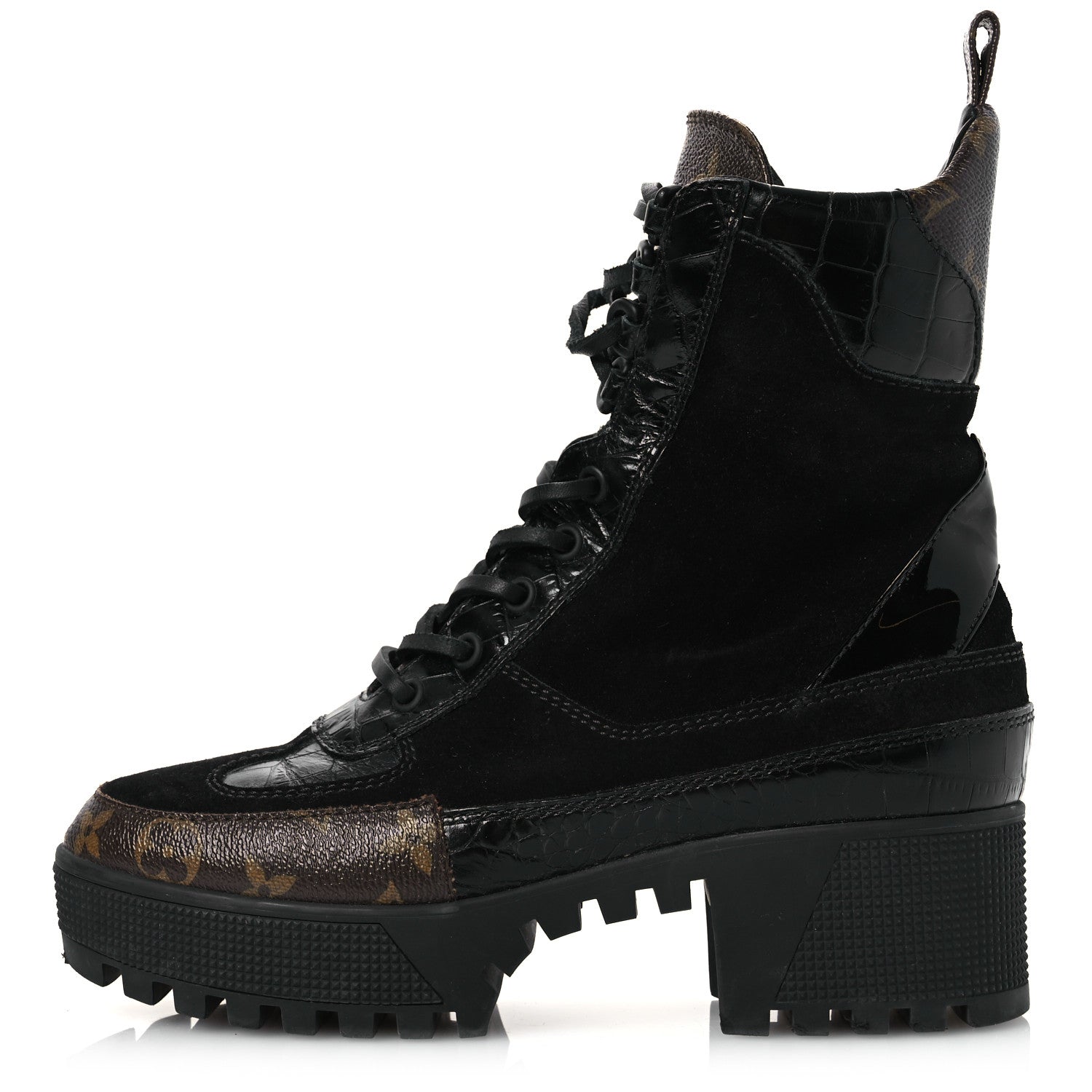 Louis Vuitton Suede Calfskin Crocodile Embossed Patent Monogram Laureate Platform Desert Boots 37 Black 1 of 12