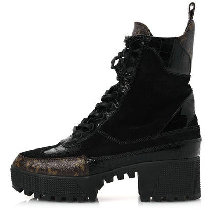 Louis Vuitton Suede Calfskin Crocodile Embossed Patent Monogram Laureate Platform Desert Boots 37 Black 1 of 12