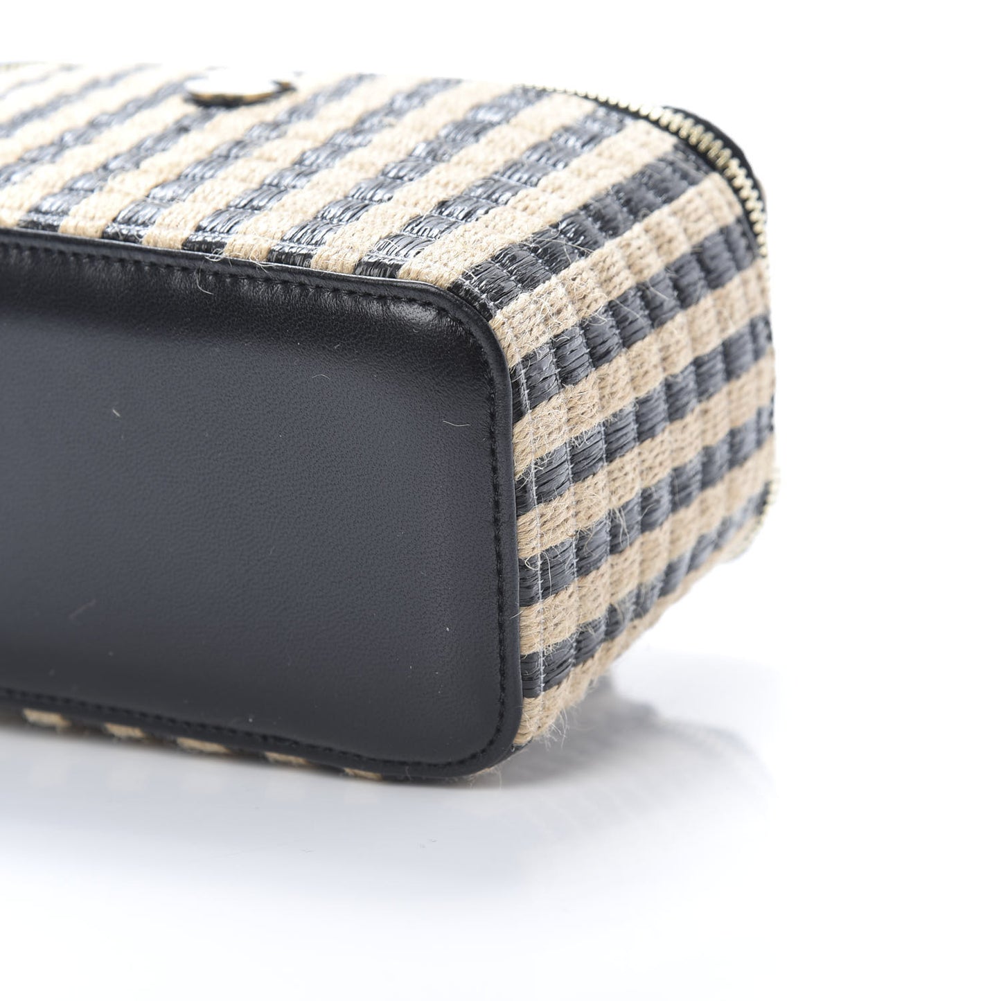 Raffia Jute Striped Small Vanity Case With Chain Black Beige