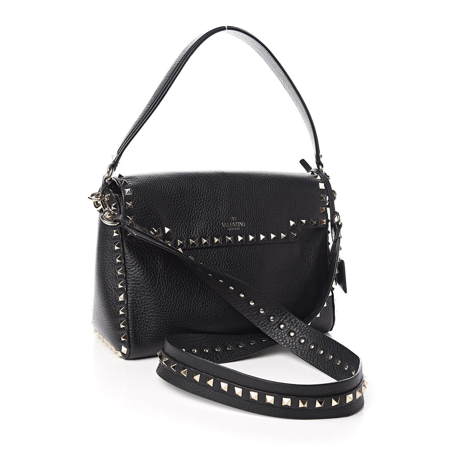 Pebbled Calfskin Rockstud Top Handle Shoulder Bag Black