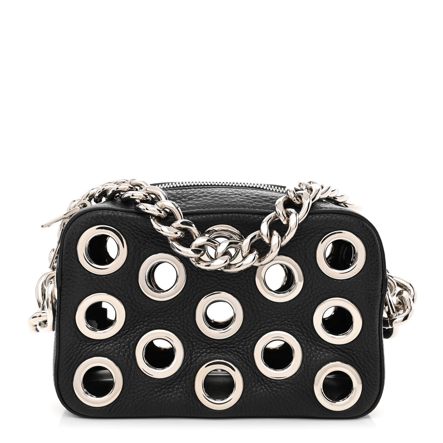 Vitello Daino Grommet Chain Satchel Bag Black