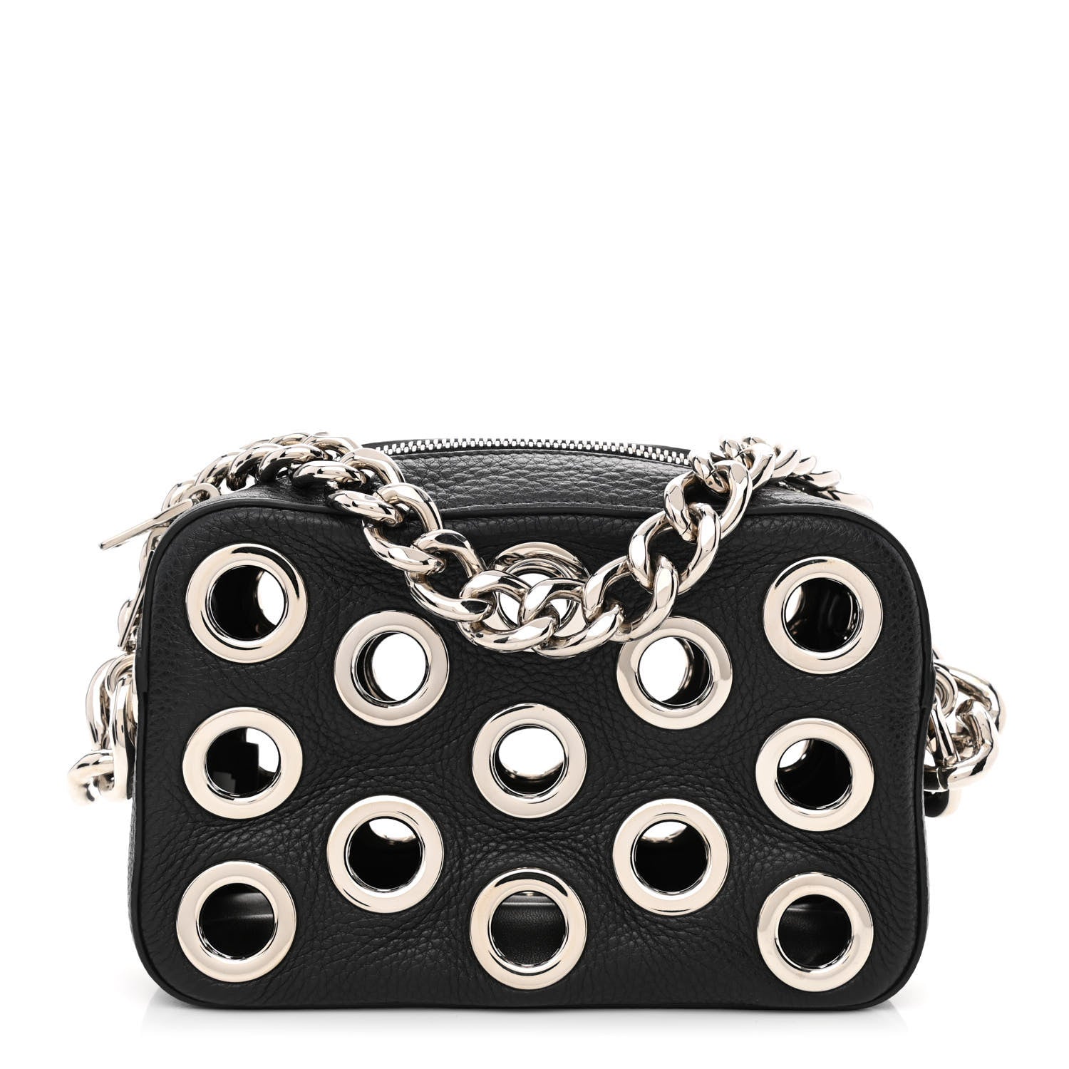 Prada Vitello Daino Grommet Chain Satchel Bag Black 3 of 17