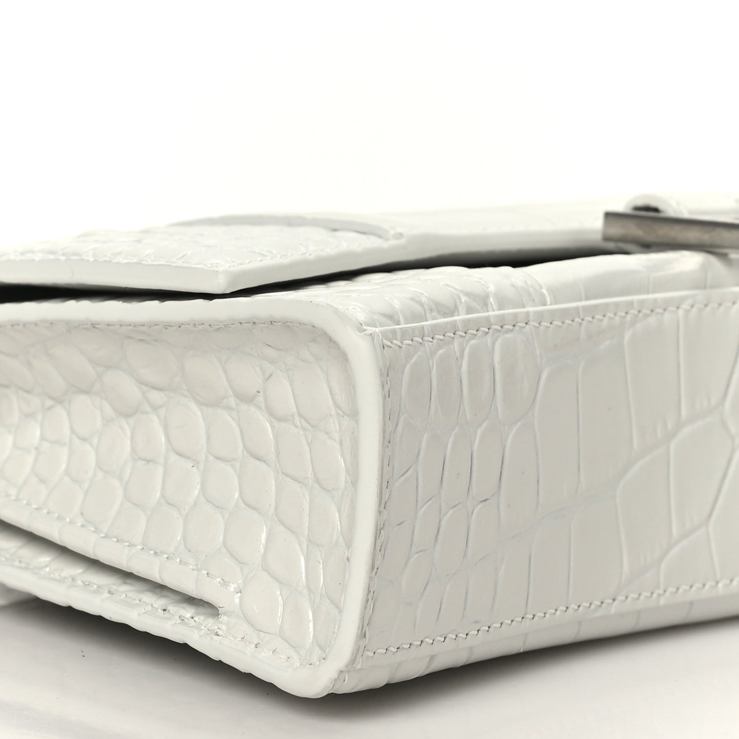 Shiny Calfskin Crocodile Embossed Small Hourglass Evening Chain Bag White