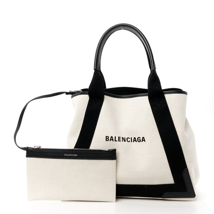 Balenciaga Cotton Canvas Satin Calfskin M Navy Cabas Natural Black 3 of 12