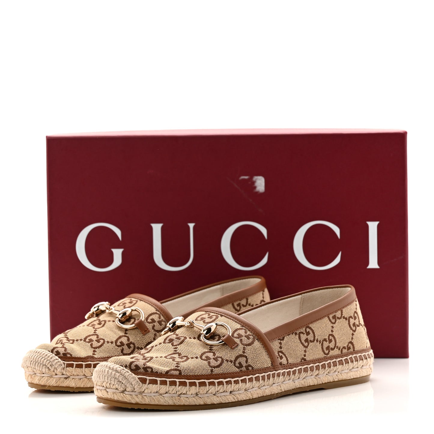 GG Supreme Monogram Horsebit Espadrilles 36 Camel Ebony Sundial