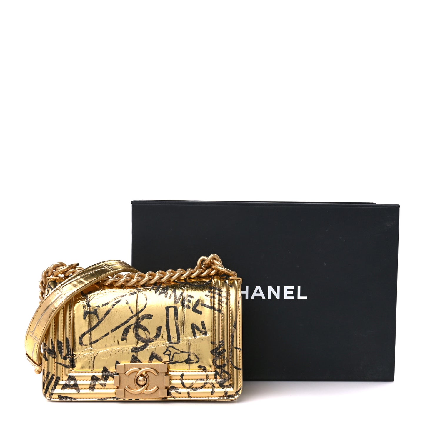 Metallic Calfskin Crocodile Embossed Graffiti Medium Cocodile Boy Flap Gold