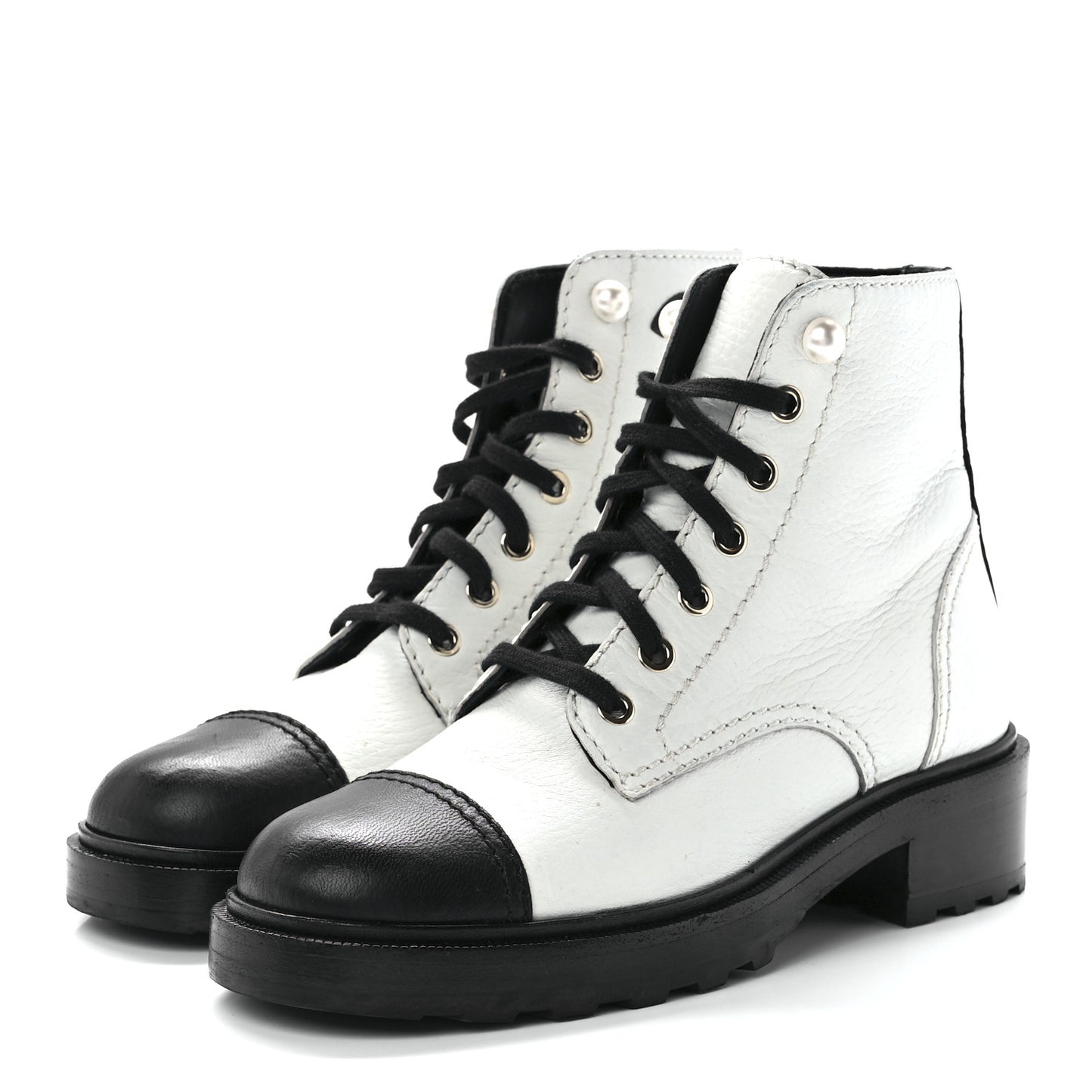Lambskin Grained Calfskin CC Cap Toe Short Boots 38 White Black