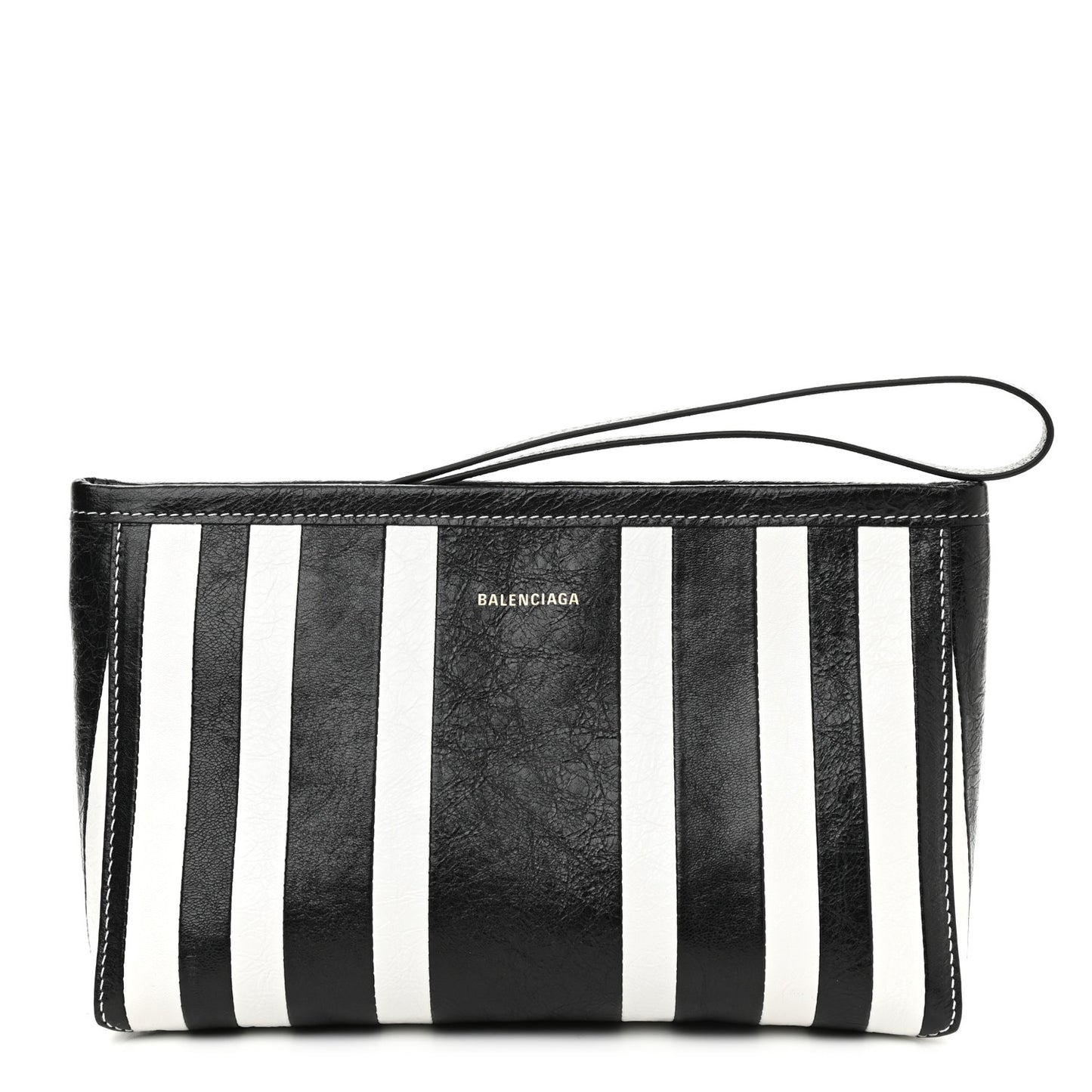 Agneau Arena Striped Patchwork Small Barbes Z Pouch with Handle Black White