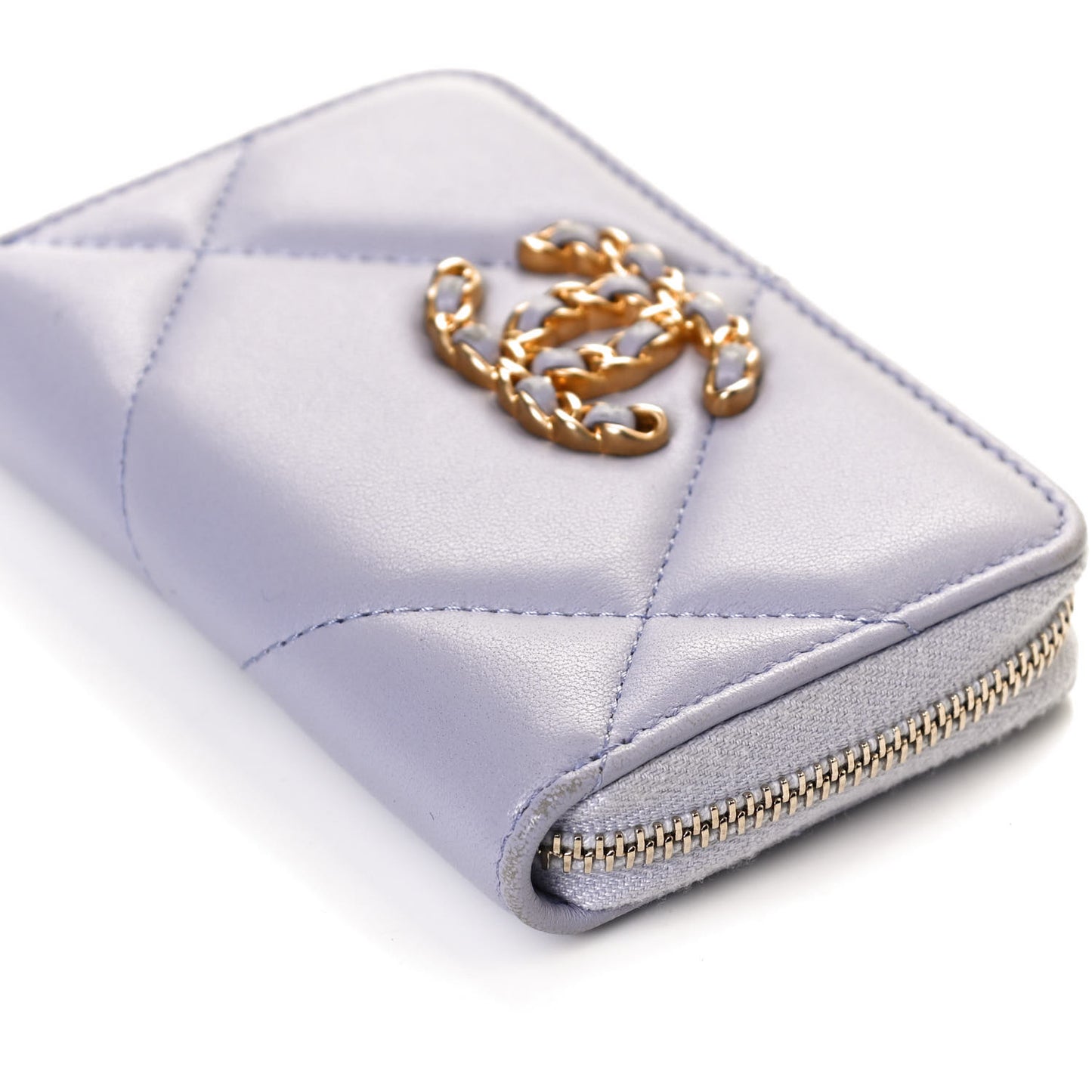 Lambskin Quilted Chanel 19 Zip Around Coin Purse Wallet Light Purple