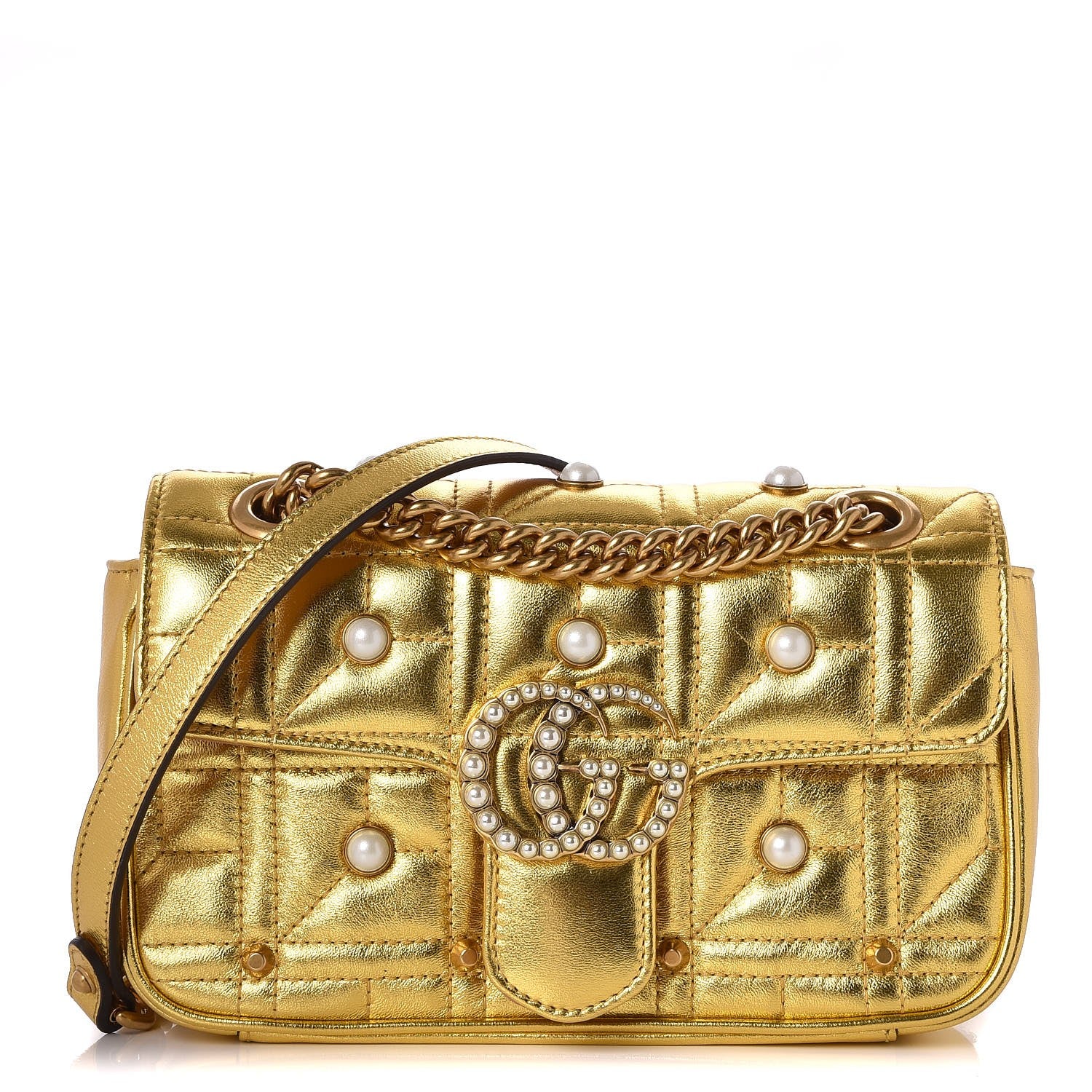 Gucci Metallic Calfskin Matelasse Studded Mini Pearly GG Marmont Shoulder Bag Gold 1 of 7