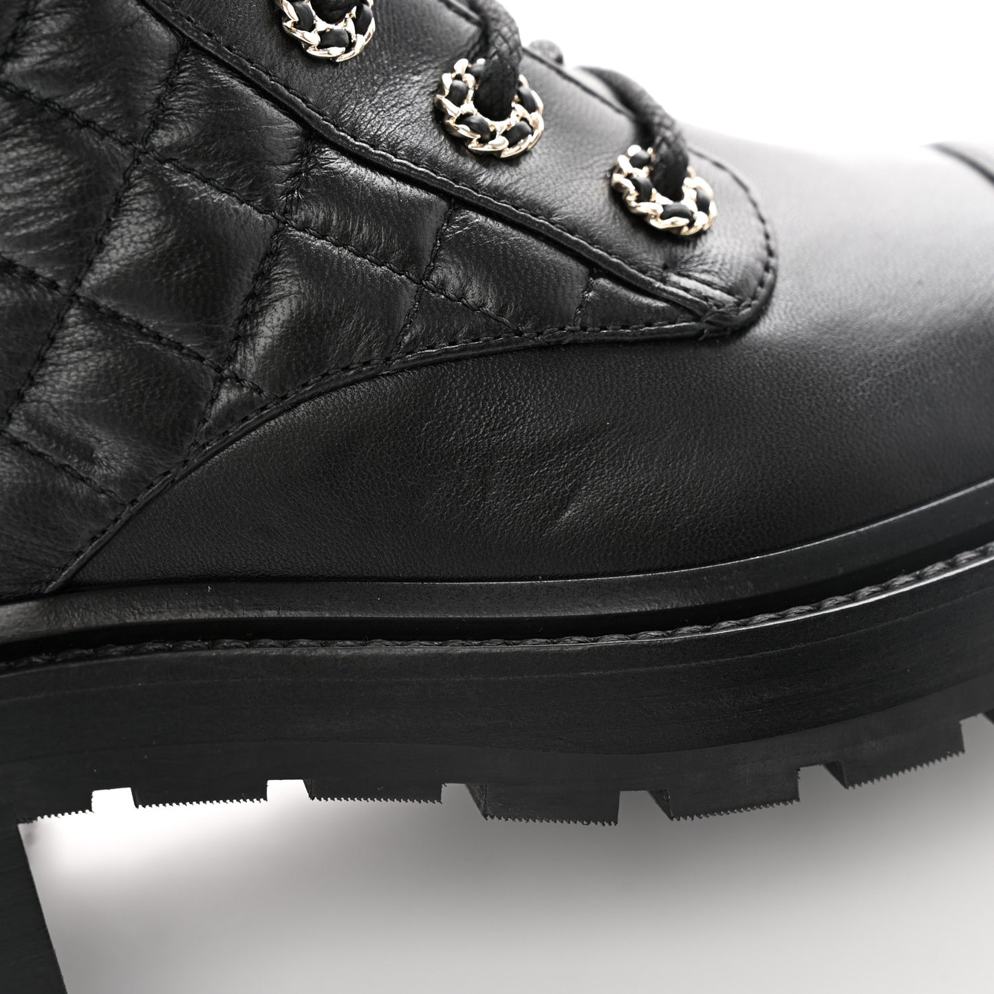 Shiny Goatskin Calfskin Quilted Lace Up Combat Boots 37.5 Black