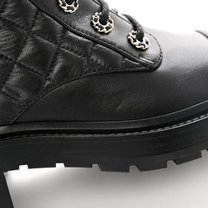 Chanel Shiny Goatskin Calfskin Quilted Lace Up Combat Boots 37.5 Black 12 of 13