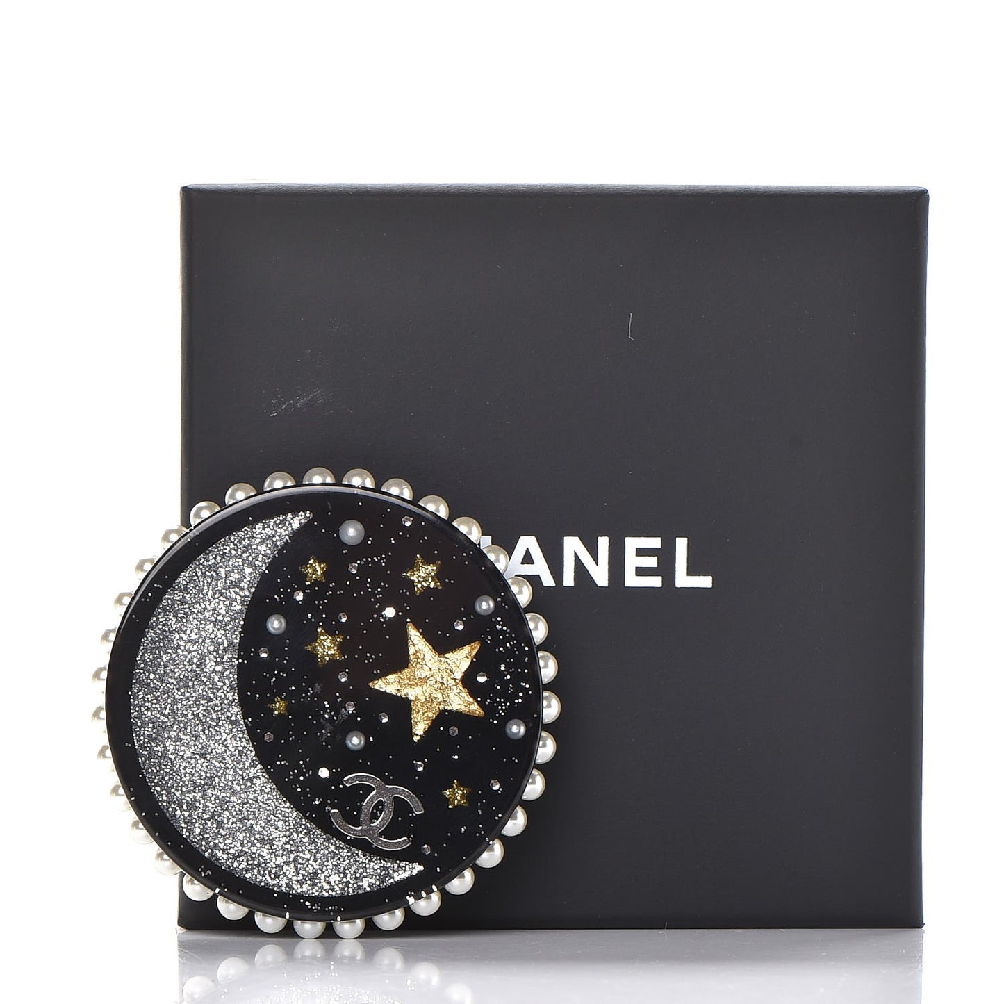Glittered Resin Crystal Pearl CC Moon Pin Brooch Black Gold Silver