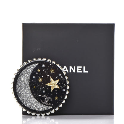 Chanel Glittered Resin Crystal Pearl CC Moon Pin Brooch Black Gold Silver 5 of 5