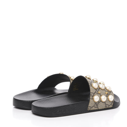 Gucci GG Supreme Monogram Pearls Slide Sandals 35 Beige 4 of 6
