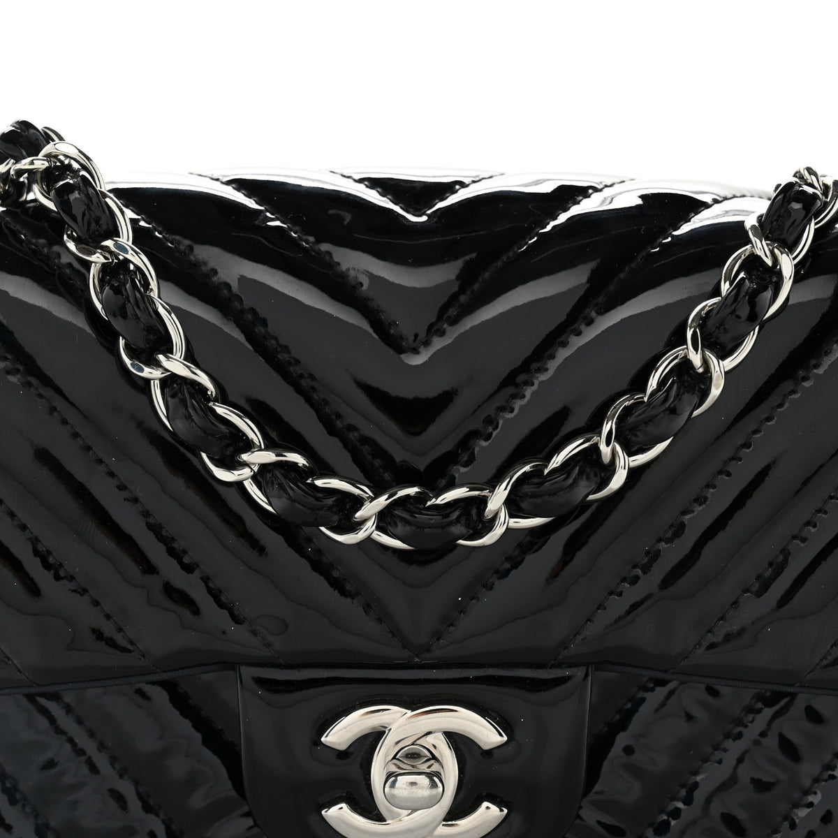 Patent Calfskin Chevron Quilted Mini Rectangular Flap Black