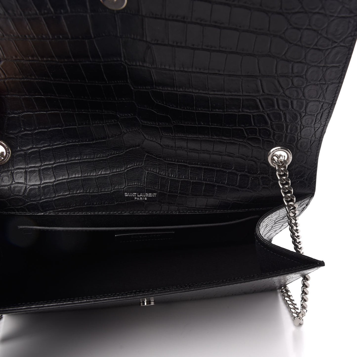 Calfskin Crocodile Embossed Large Classic Monogram Kate Satchel Black