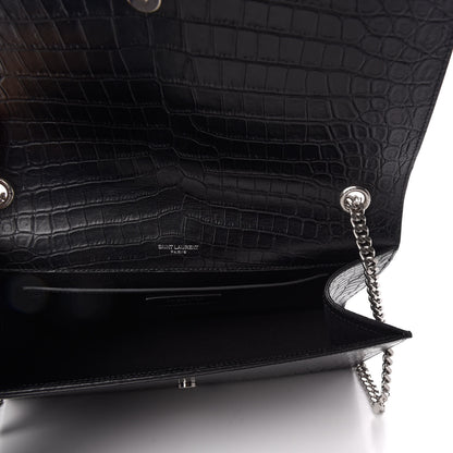 Saint Laurent Calfskin Crocodile Embossed Large Classic Monogram Kate Satchel Black 5 of 9