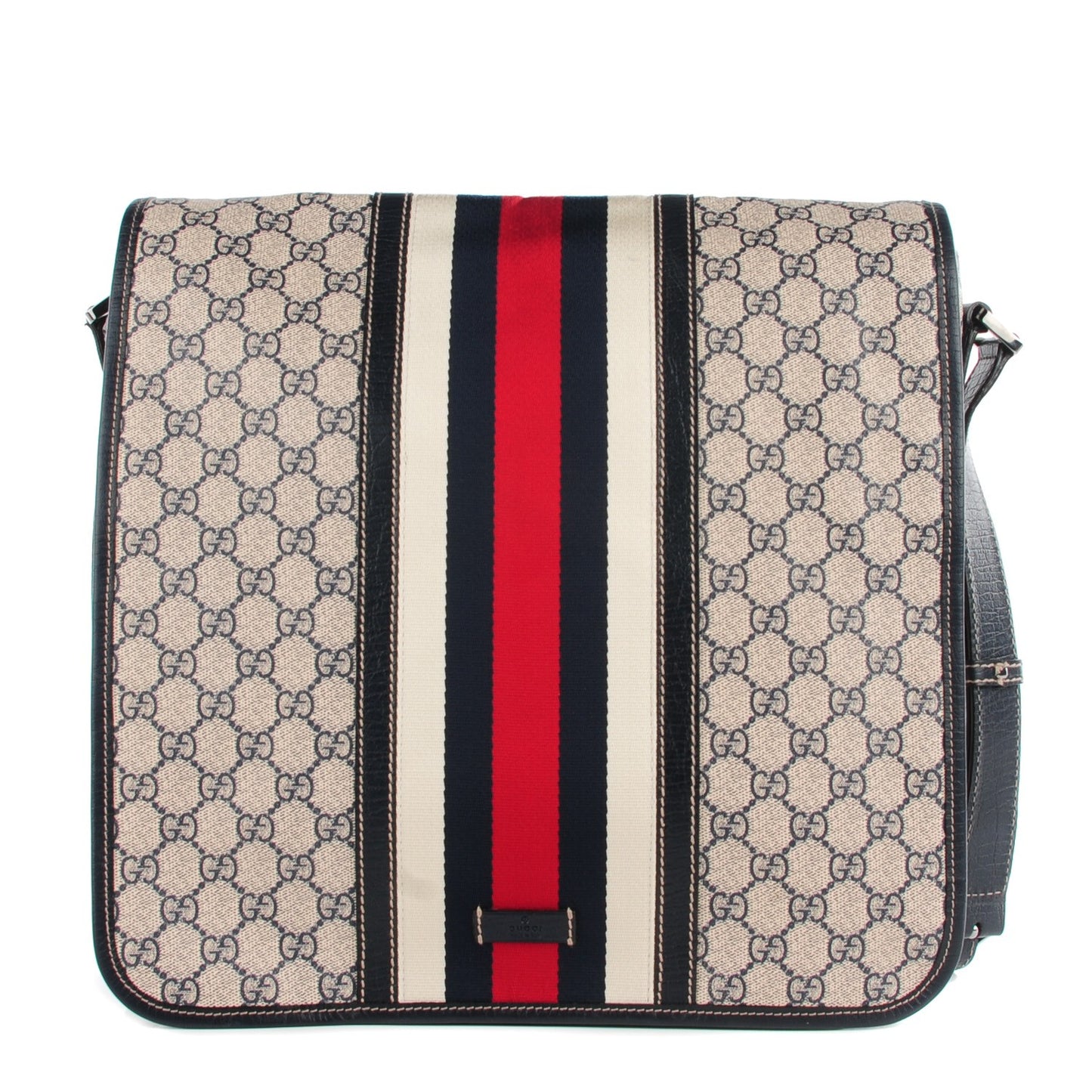 GG Plus Monogram Vintage Web Large Flap Messenger Bag Beige Navy Blue