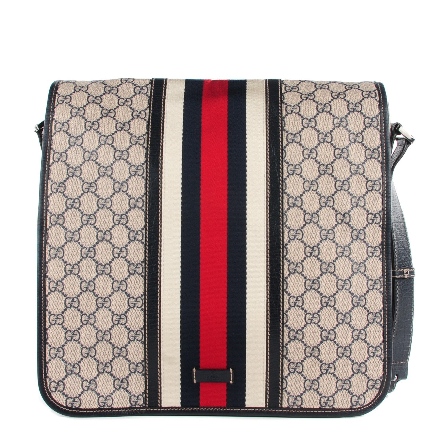 Gucci GG Plus Monogram Vintage Web Large Flap Messenger Bag Beige Navy Blue 1 of 7