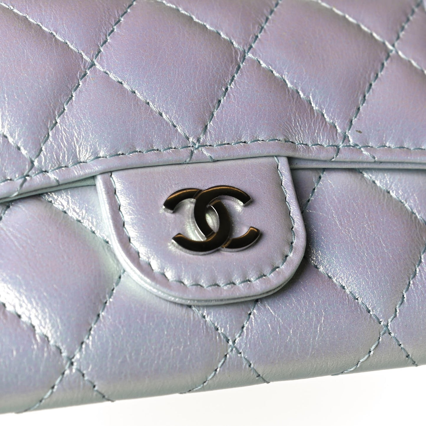 Iridescent Calfskin Quilted Flap Card Holder Light Blue