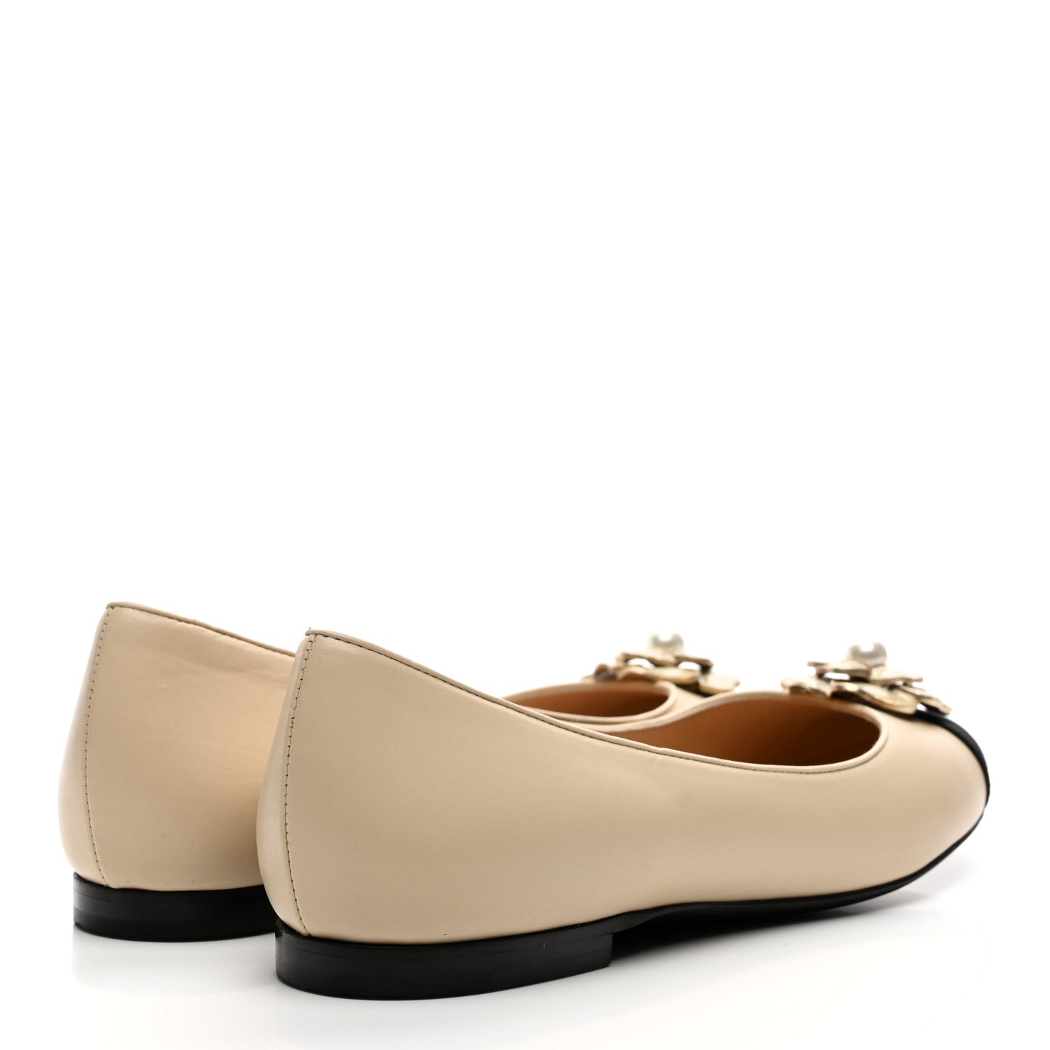 Chanel Calfskin Grosgrain Pearl Camellia Ballerina Flats 39 Beige Black 5 of 9