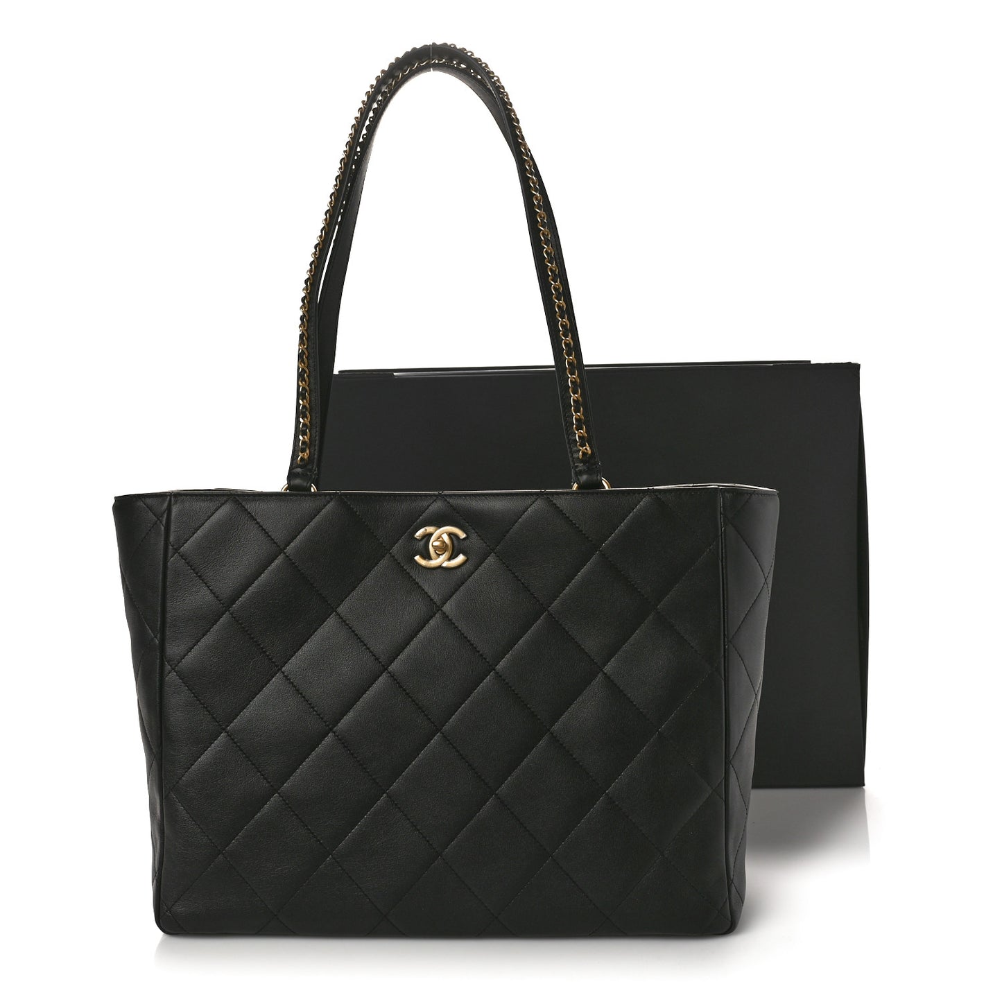 Calfskin Quilted Book Pocket Shopping Tote Black