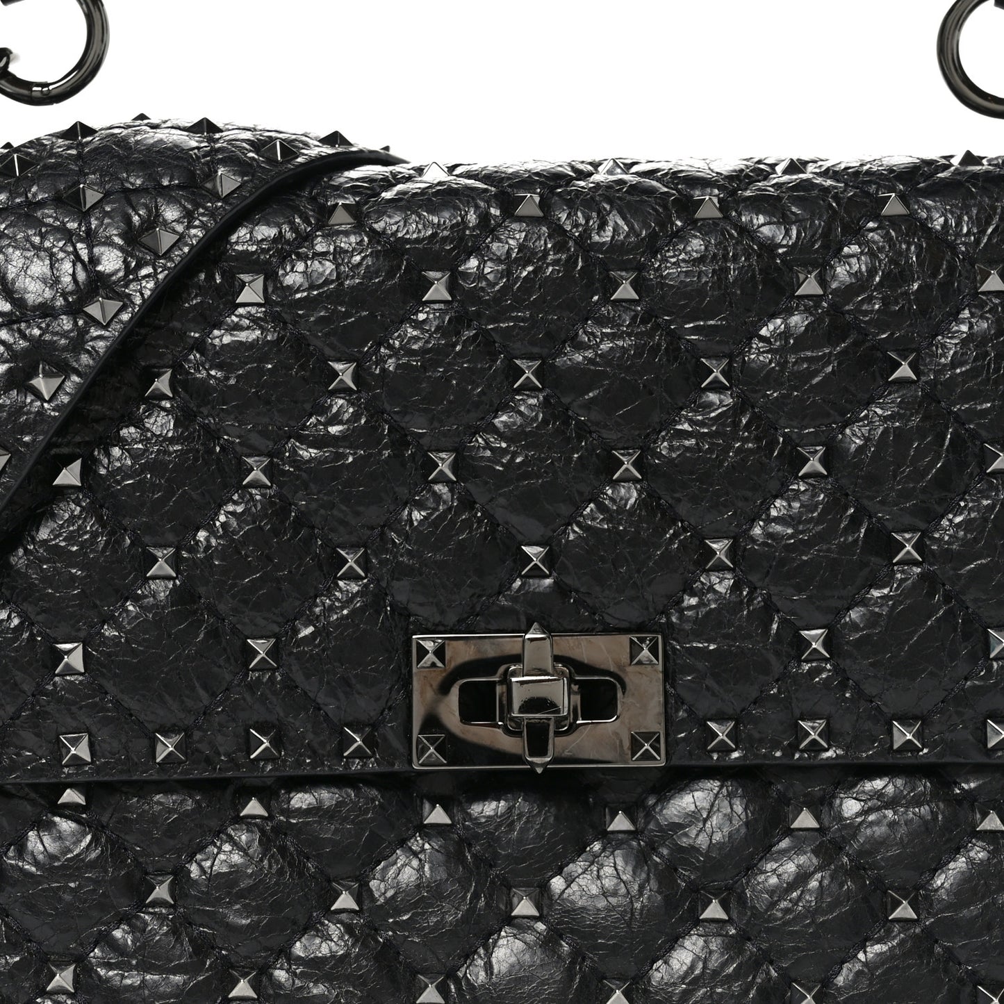 Craquele Nappa Large Rockstud Spike Shoulder Bag Black