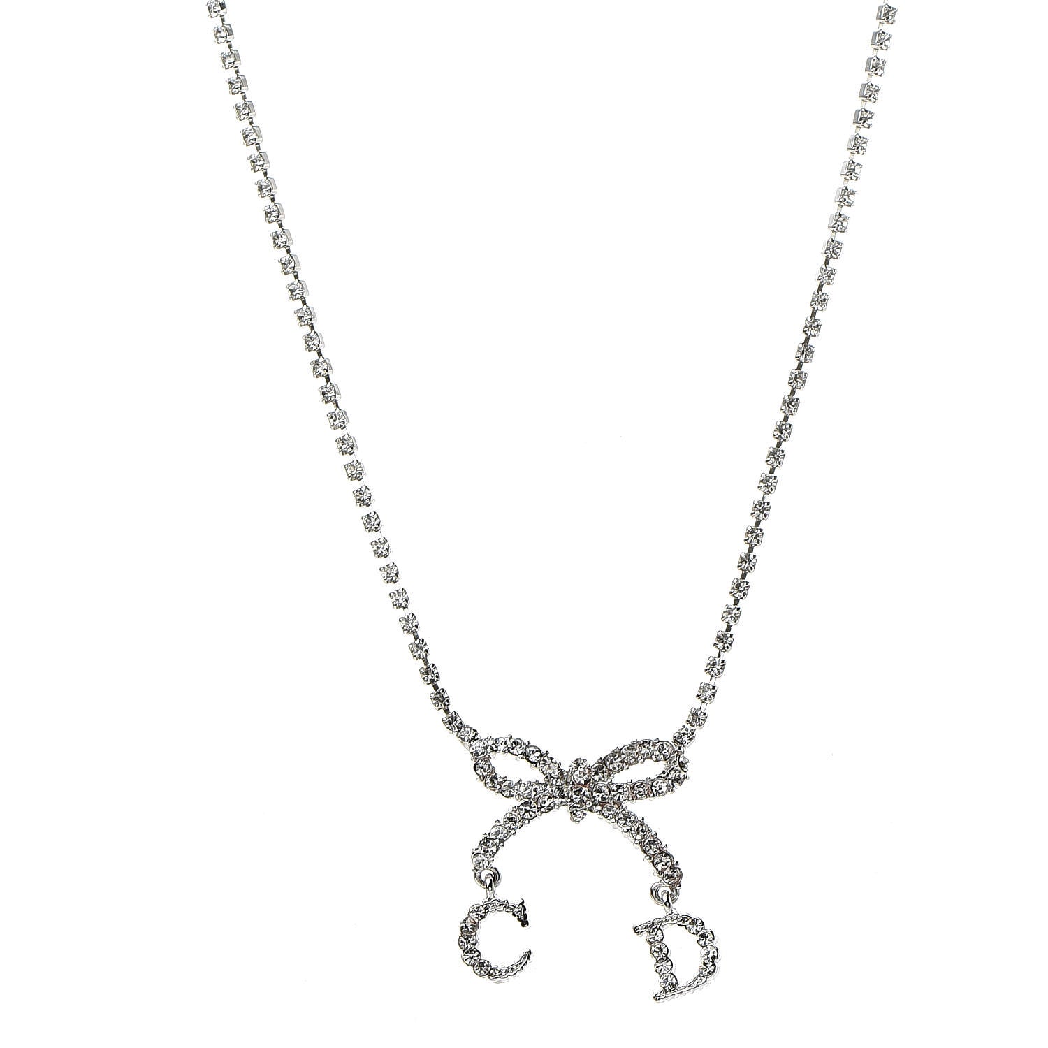 Christian Dior Crystal Bow CD Necklace Silver 1 of 5
