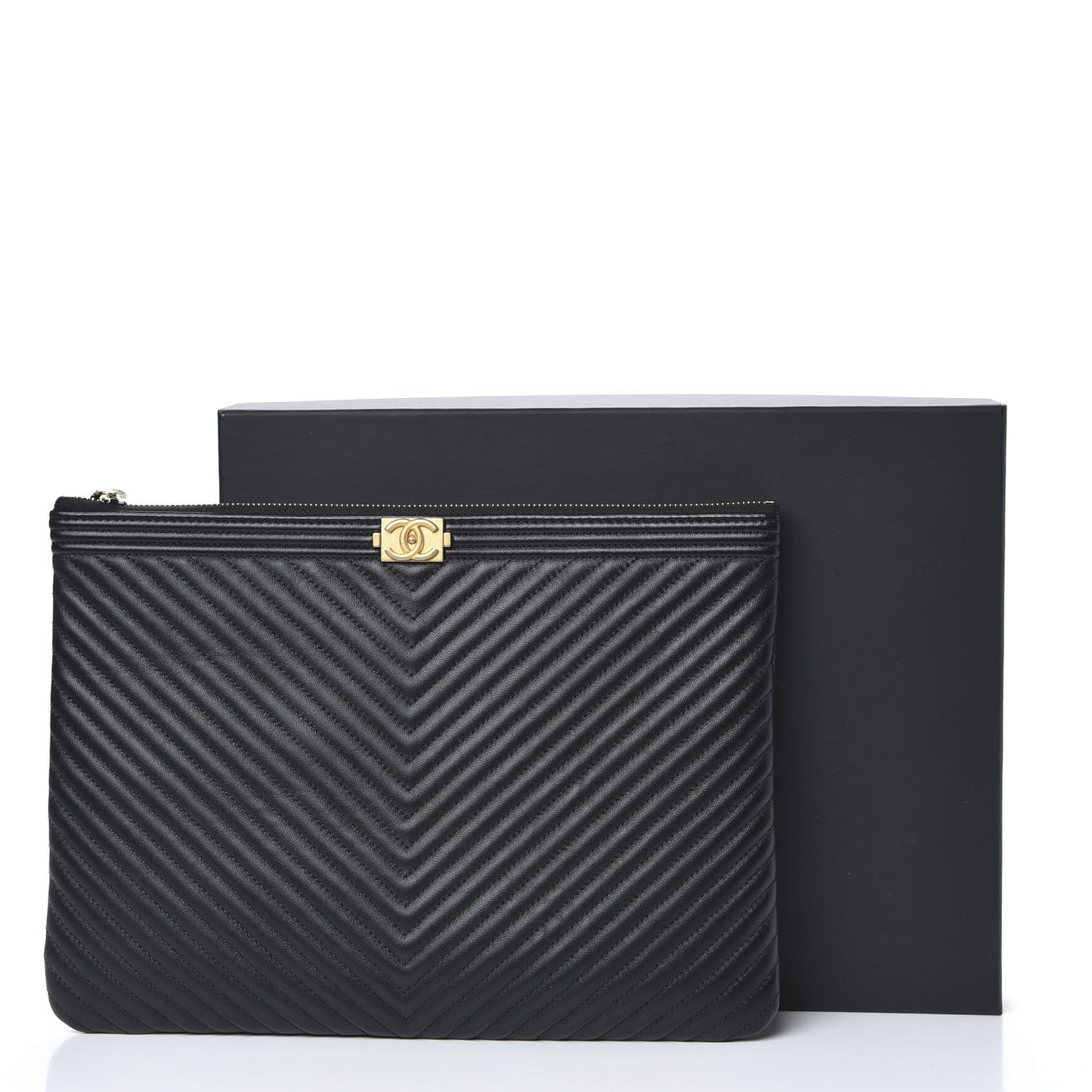 Calfskin Chevron Boy Zip Pouch Black