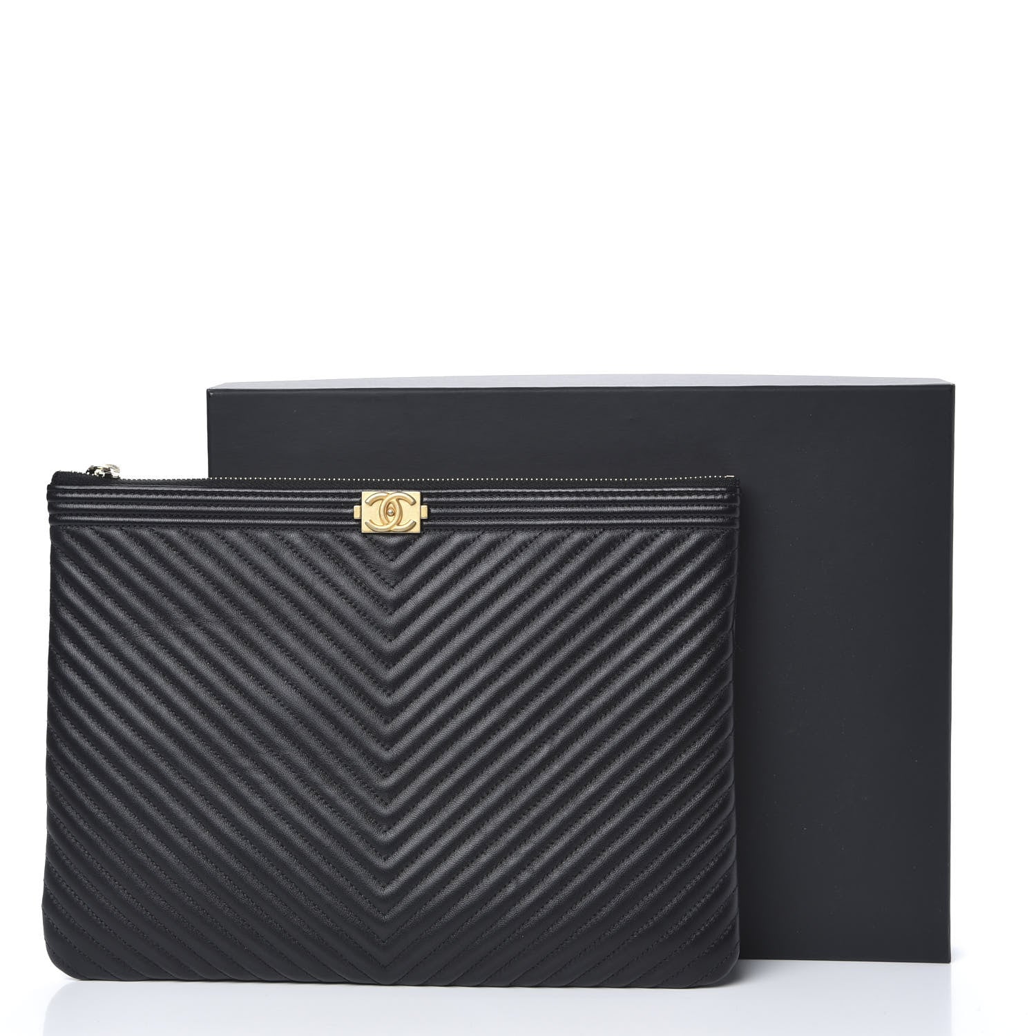 Chanel Calfskin Chevron Boy Zip Pouch Black 8 of 8