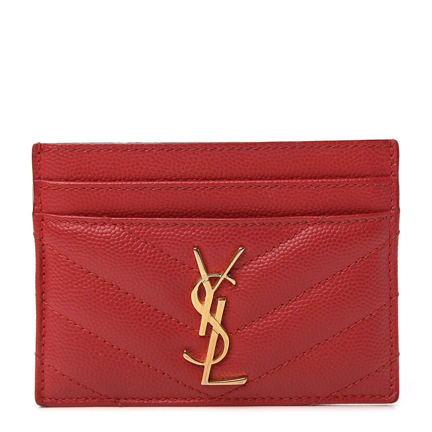Saint Laurent Grain De Poudre Matelasse Chevron Monogram Credit Card Case New Red 1 of 9