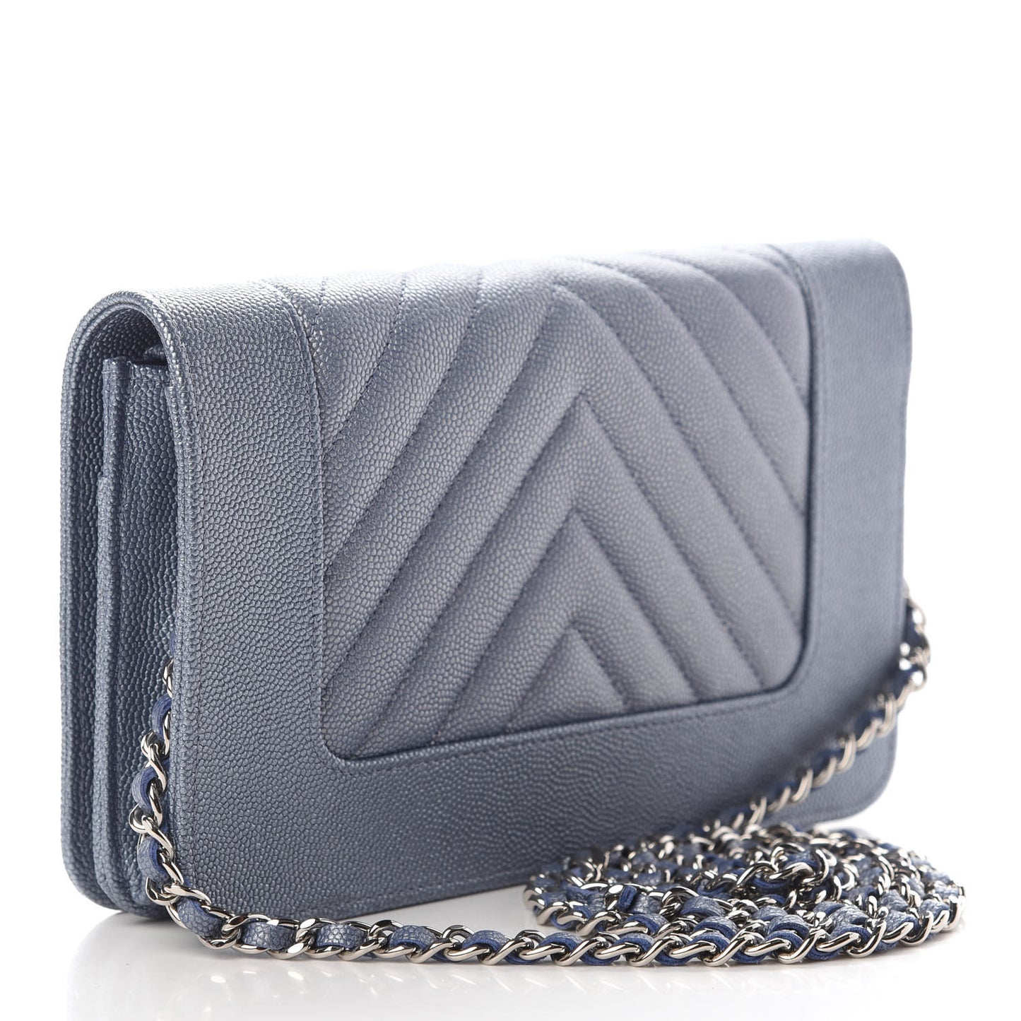 Metallic Caviar Chevron Quilted Vintage Mademoiselle Wallet On Chain WOC Blue