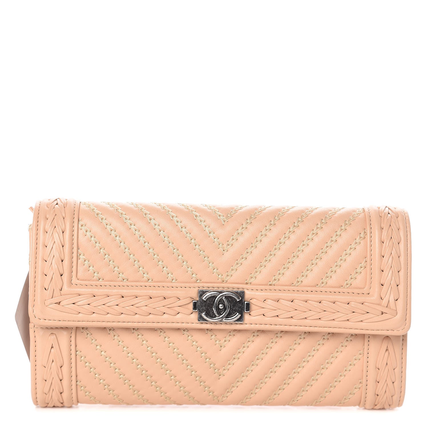 Chanel Calfskin Braided Chevron Boy Flap Wallet Beige 1 of 8