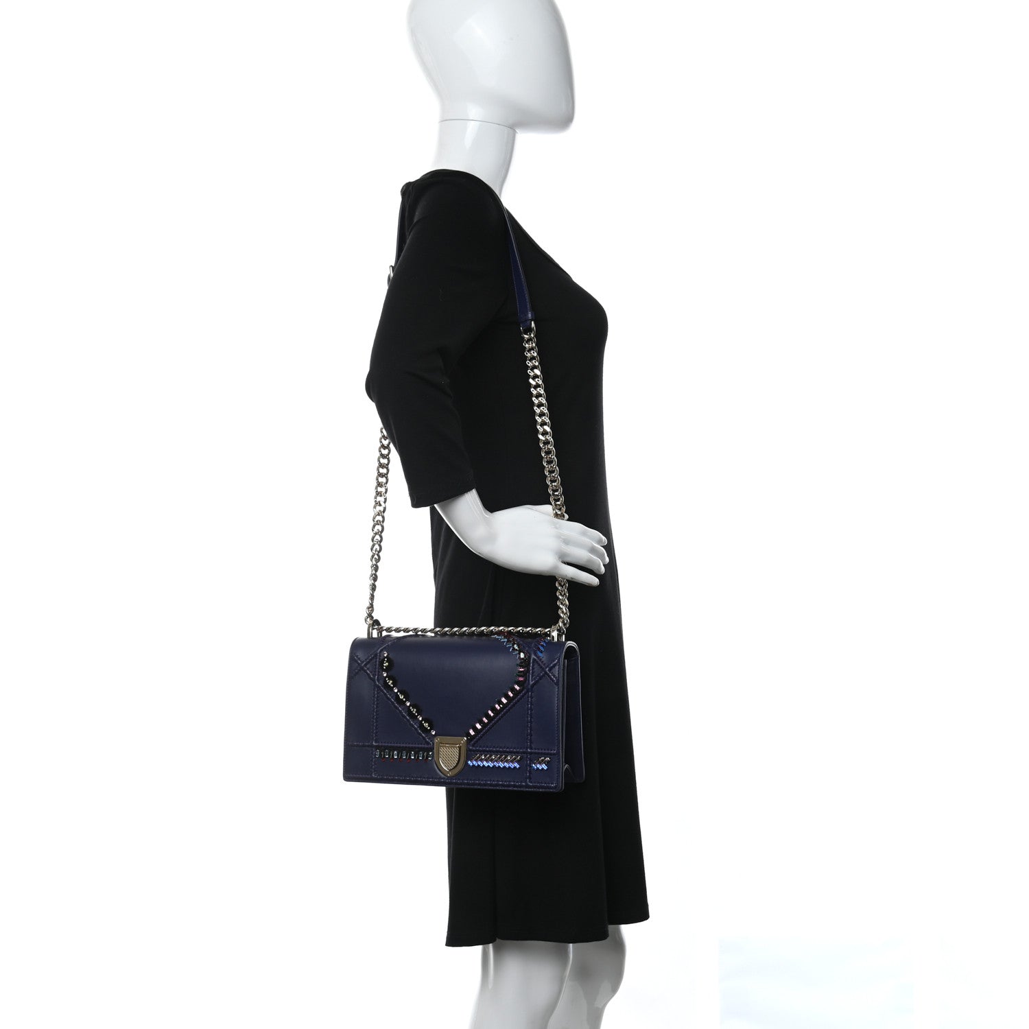 Christian Dior Calfskin Crystal Embroidered Medium Diorama Flap Bag Blue 2 of 9