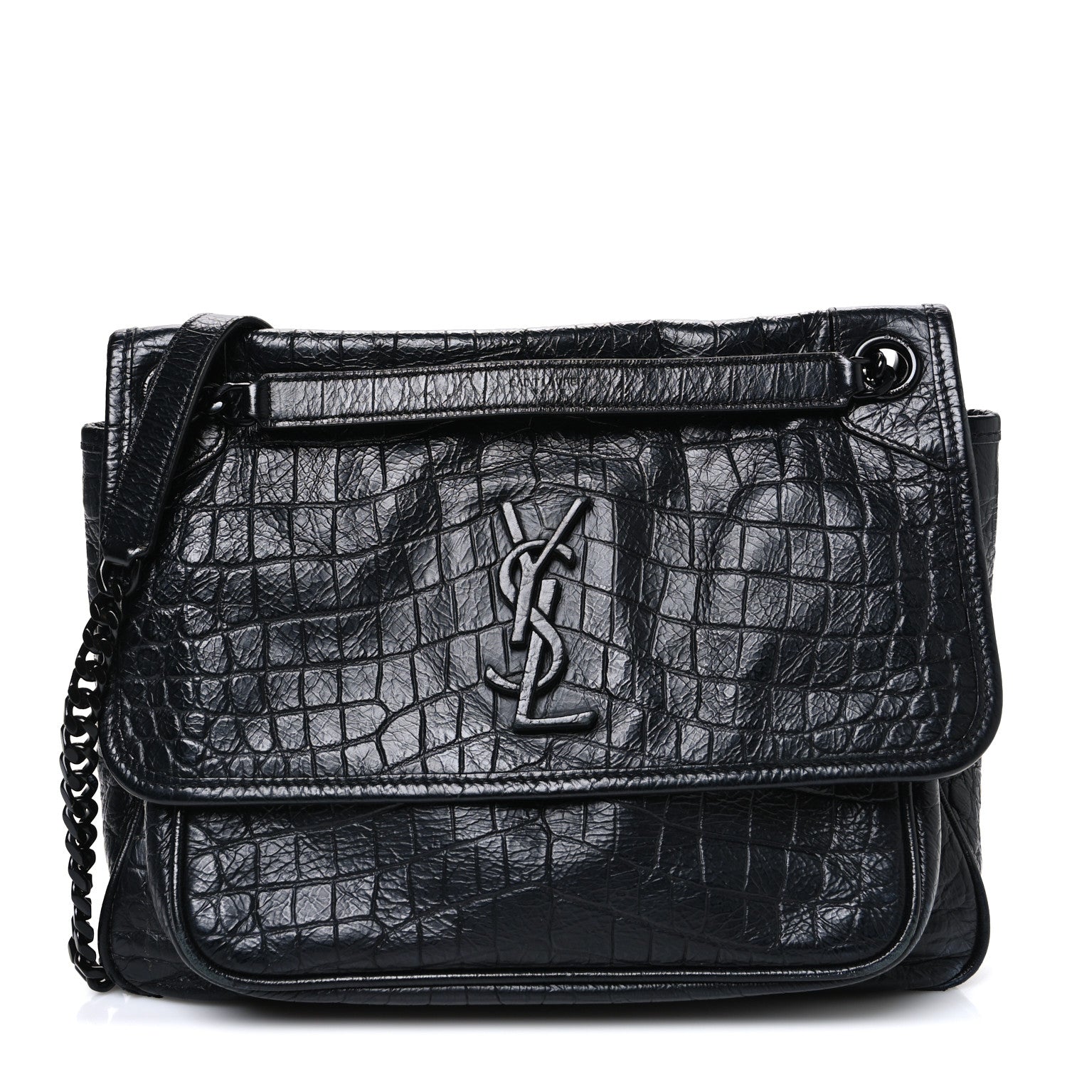 Saint Laurent Crocodile Embossed Lambskin Monogram Medium Niki Chain Satchel Black 1 of 11