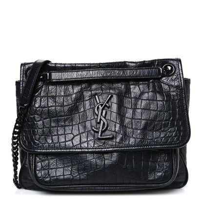 Saint Laurent Crocodile Embossed Lambskin Monogram Medium Niki Chain Satchel Black 1 of 11