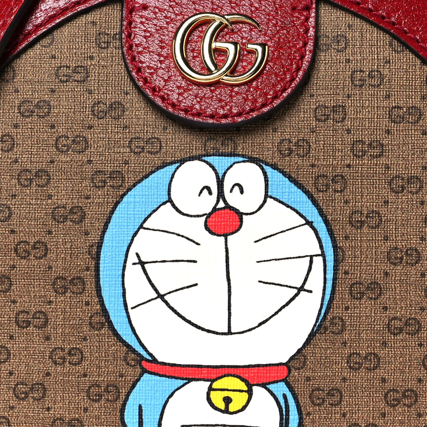 X DORAEMON Mini Vintage GG Supreme Monogram Mini Round Shoulder Bag Beige Cherry Red
