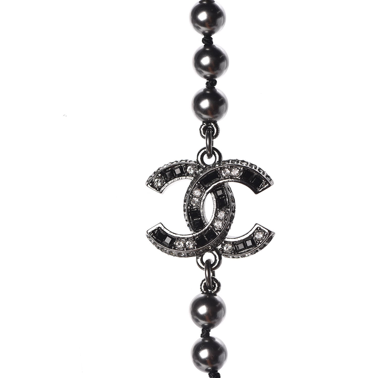 Chanel Ruthenium Crystal Baguette Pearl Beaded CC Long Necklace Black Grey 4 of 6