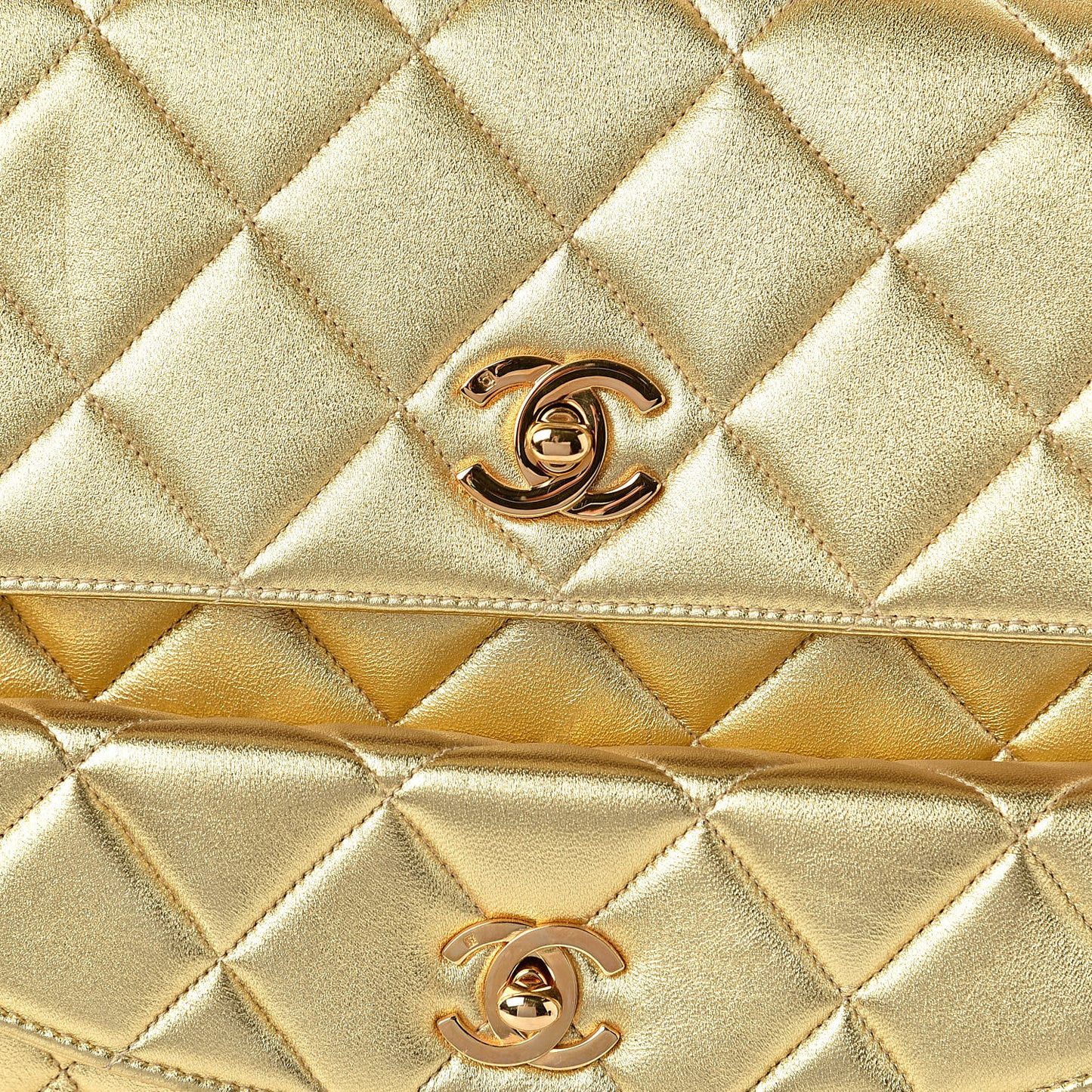Metallic Lambskin Quilted Double Pocket Shoulder Bag Gold