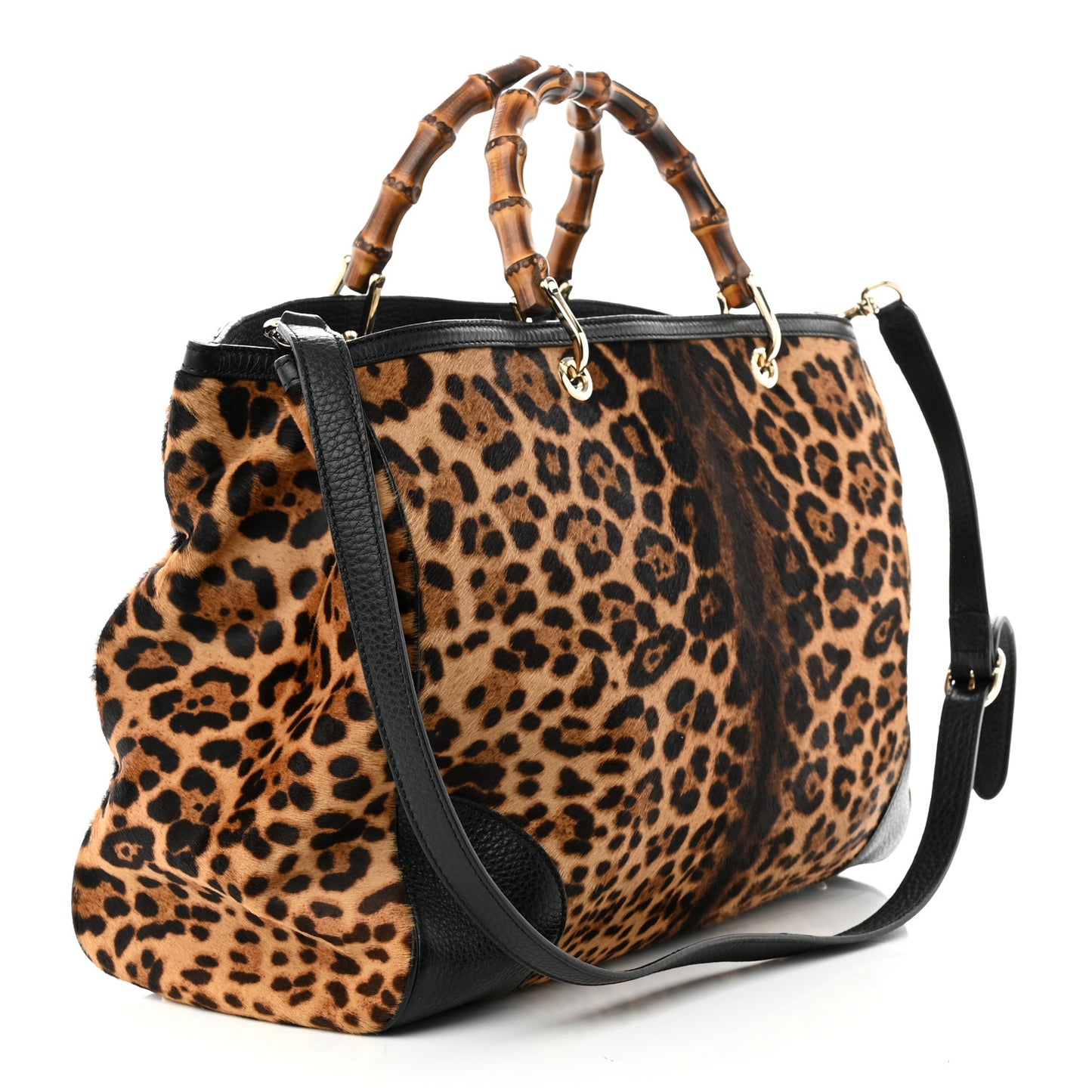 Calf Hair Leopard Print Large Bamboo Shopper Tote Black
