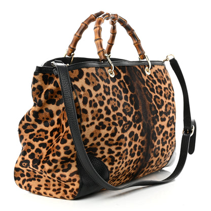 Gucci Calf Hair Leopard Print Large Bamboo Shopper Tote Black 3 of 13