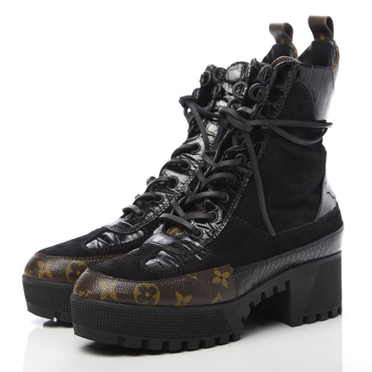 Louis Vuitton Suede Calfskin Monogram Laureate Platform Desert Boots 39 Black 3 of 8