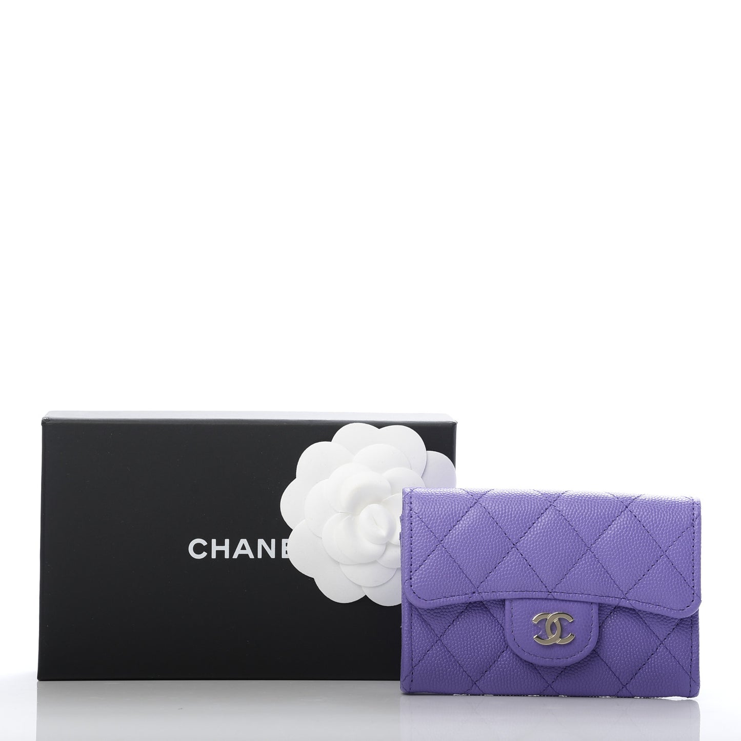 Caviar Quilted Flap Card Holder Wallet Purple