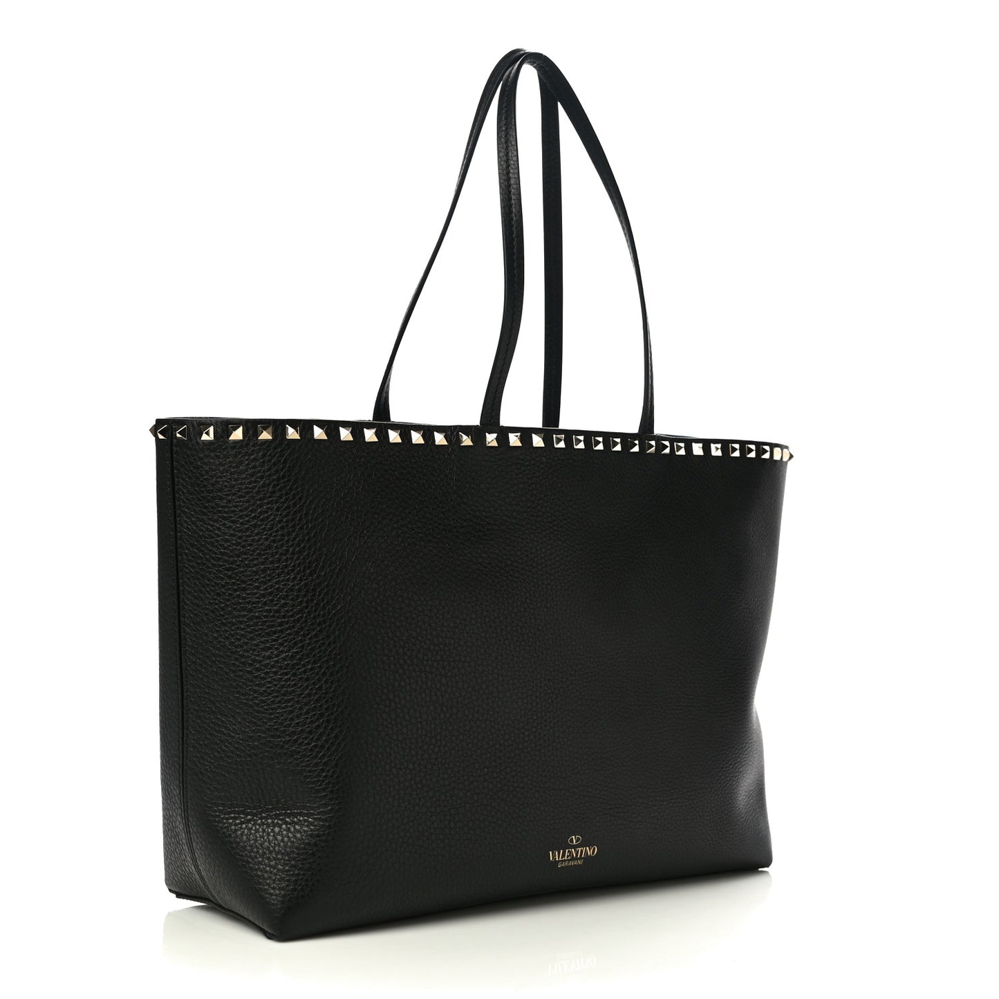 Grained Calfskin Rockstud Shoulder Tote Black