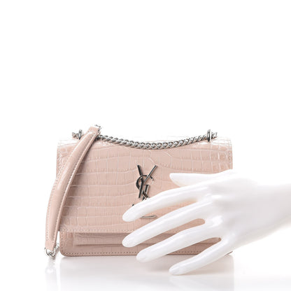 Saint Laurent Calfskin Crocodile Embossed Monogram Sunset Chain Wallet Soft Nude 3 of 11